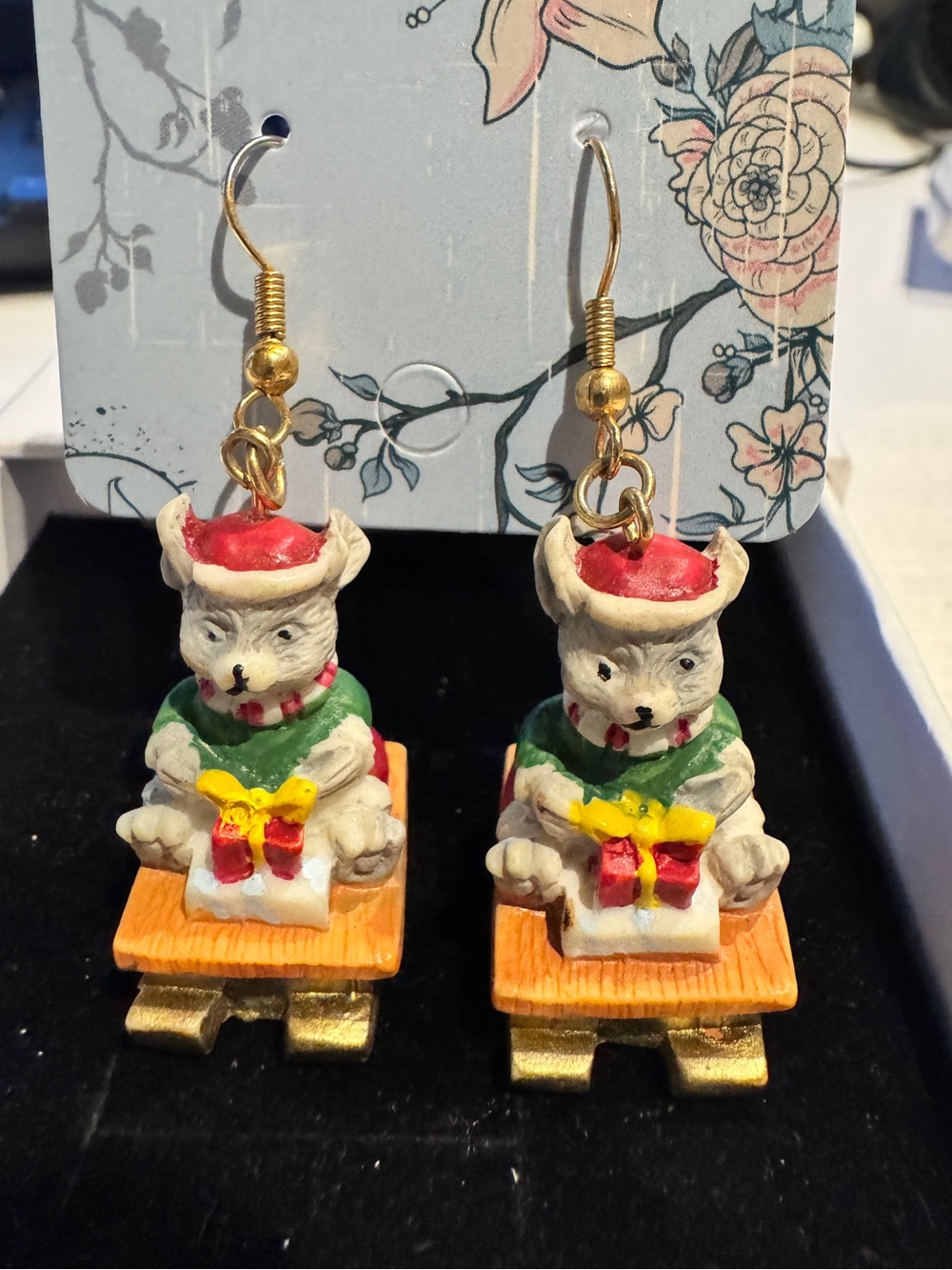Festive White Dog on Sled Earrings - Gold Hooks - Christmas Holiday Pet Charm
